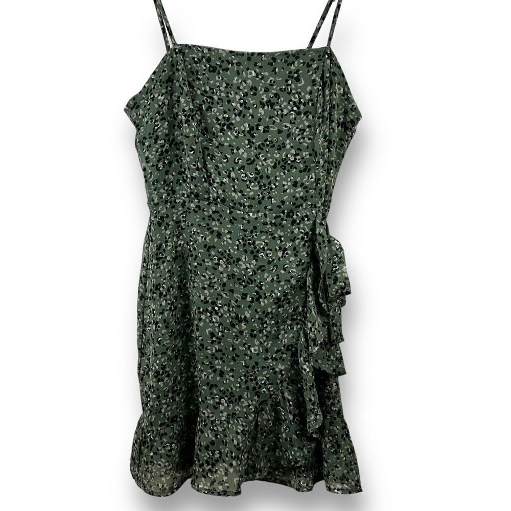 Altar’d State green print faux wrap ruffle trim mini dress size M
